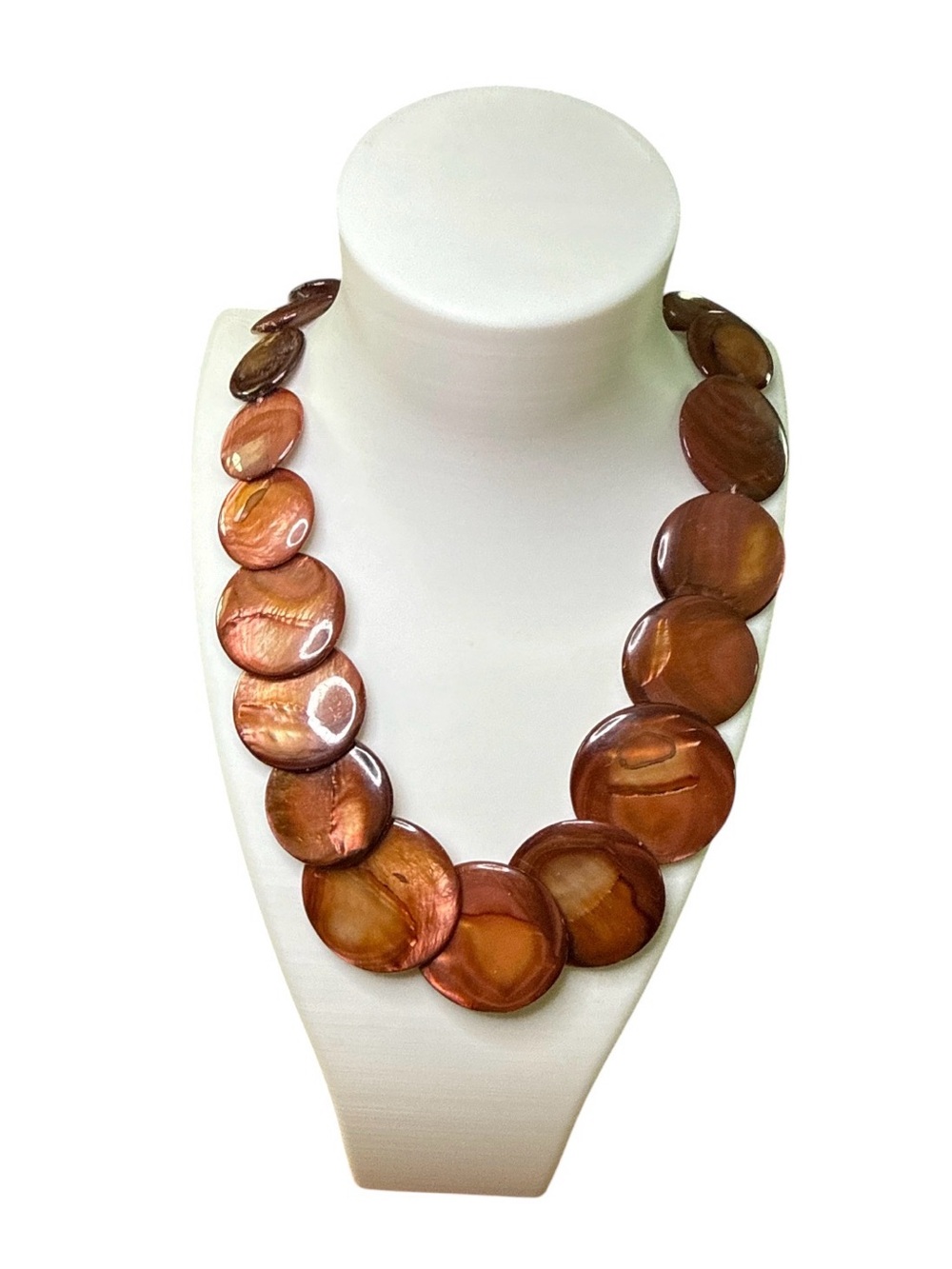 Chunky Amber Mother of Pearl Shell Disc Collar Statement Necklace 22"